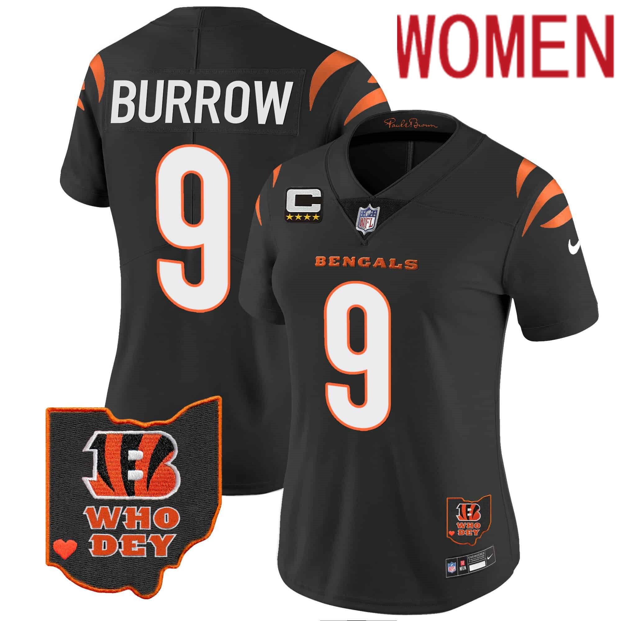 Women Cincinnati Bengals #9 Burrow Black 2024 Nike Patch Vapor Limited NFL Jersey style 1